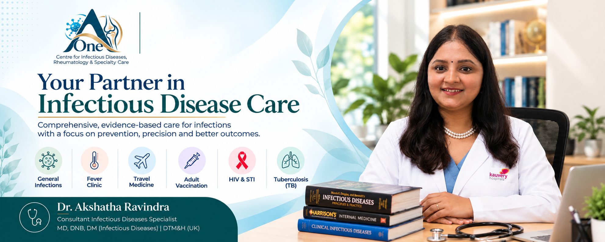 Dr Akshatha Ravindra, Consultant Infectious Diseases Specialist, AOne Centre for Infectious Diseases, Rheumatology and Specialty Care: general infections, fever clinic, travel medicine, adult vaccination, HIV and STI, tuberculosis